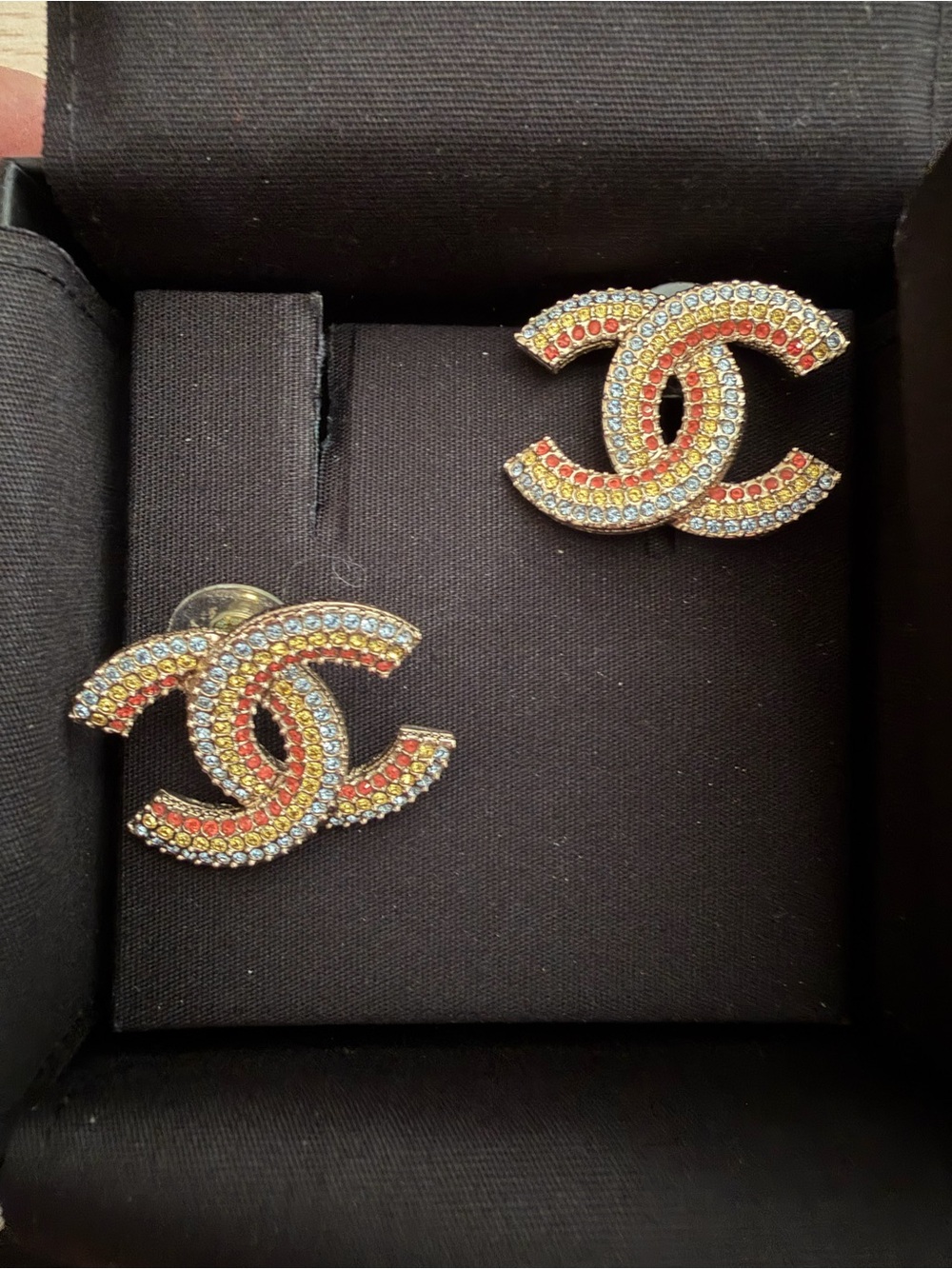 Authentic Large Chanel Gold Double C Crystal Earrings - Red, Yellow, Blue